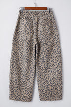 Khaki Leopard Printed Drawstring Elastic Waistband Pocketed Barrel Jeans