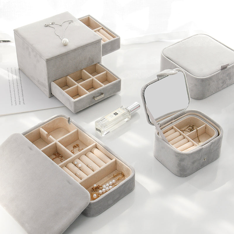 Simple Mirror Jewelry Box – Velvet Organizer Storage Case for Bedroom