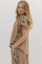 Light French Beige Leopard Trim Round Neck Loose T Shirt