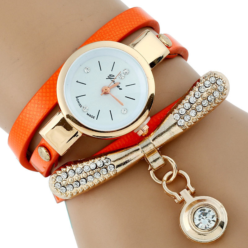 Gnova Platinum Luxury Women’s Rhinestone Bracelet Watch – Gold PU Leather Quartz Watch