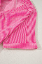 Bright Pink Spiral Ribbed Short Sleeve V Neck Buttoned Romper with Pocket