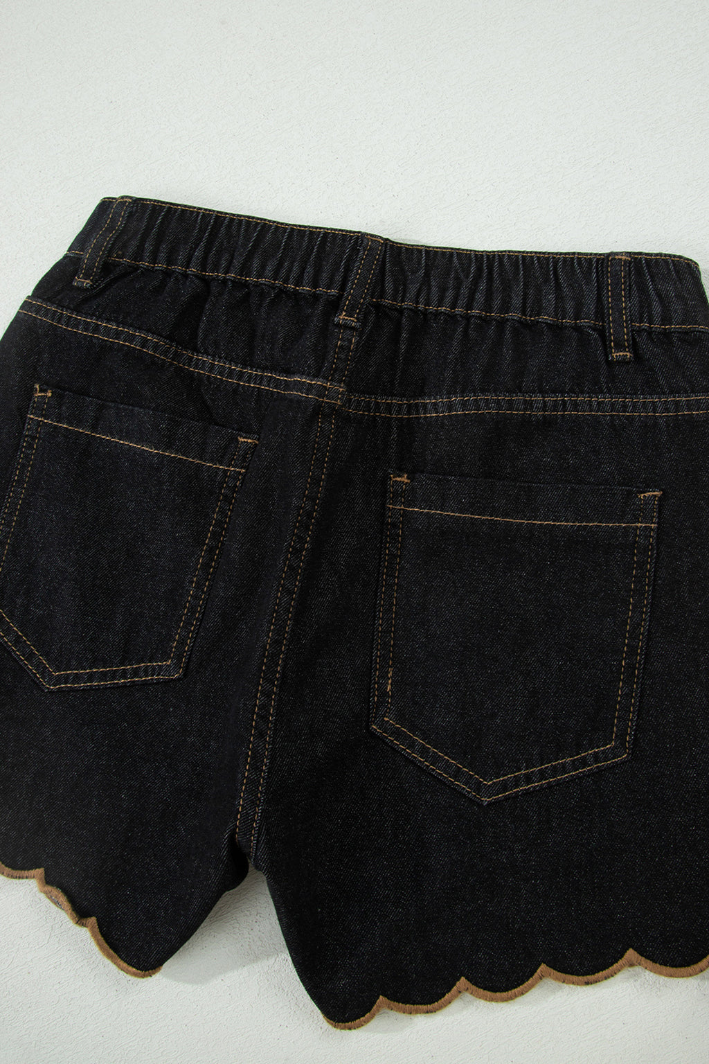Black Embroidered Scalloped Trim Relaxed Denim Shorts