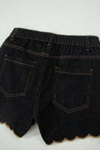 Black Embroidered Scalloped Trim Relaxed Denim Shorts