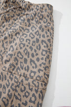 Khaki Leopard Printed Drawstring Elastic Waistband Pocketed Barrel Jeans