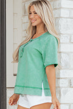 Mint Green Half Buttons Raw Seam Raglan Sleeve Mineral Wash T Shirt