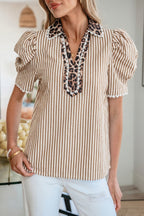 Brown Stripe Ricrac Trim Short Puff Sleeve Leopard Patchwork Collar V Neck Blouse