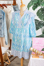 Sky Blue Boho Floral Geometric Patchwork Ruffle Detail Puff Sleeve Mini Dress