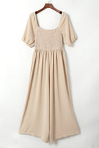Apricot Short Bubble Sleeve Smocked Wide Leg Jumpsuit