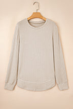 Jet Stream Ribbed Texture Round Neck Long Sleeve Rounded Hem Knit Top