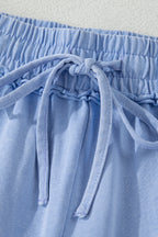 Sky Blue Mineral Washed Drawstring Elastic Waist Raw Cut Shorts