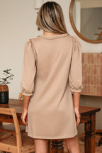 Light French Beige Braided Trim Puff Sleeve Dress
