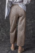 Khaki Leopard Printed Drawstring Elastic Waistband Pocketed Barrel Jeans