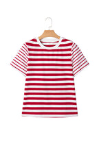 Red Stripe Patchwork Round Neck T Shirt