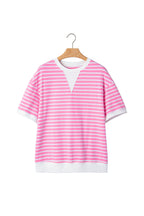 Pink Stripe Round Neck Drop Shoulder Short Sleeve Loose Top