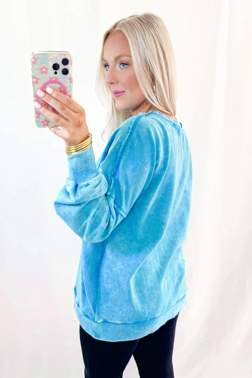 Blue Mineral Wash Raw Seam Double Patched Pocket Pullover Sweatshirt