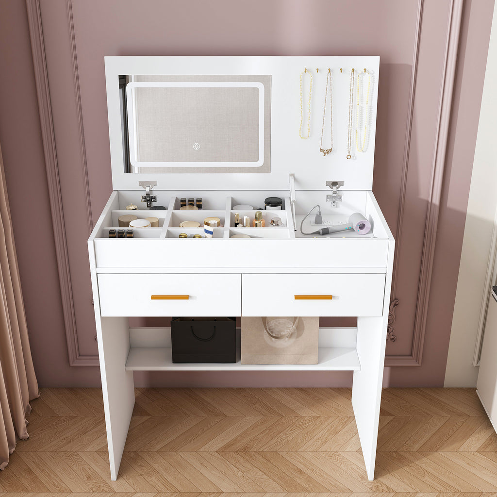 Flip Top Vanity Desk with LED Mirror & Power Outlet – Makeup Table with Storage (White)