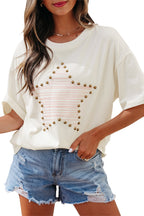 Beige Star Print Stud Detail Cotton Jersey Top