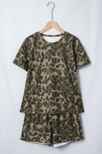 Brown Leopard Print Crew Neck Short Set
