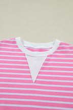 Pink Stripe Round Neck Drop Shoulder Short Sleeve Loose Top