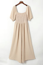 Apricot Short Bubble Sleeve Smocked Wide Leg Jumpsuit