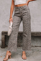 Brown Leopard Frayed Edge Wide Leg High Waist Jeans