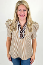 Brown Stripe Ricrac Trim Short Puff Sleeve Leopard Patchwork Collar V Neck Blouse