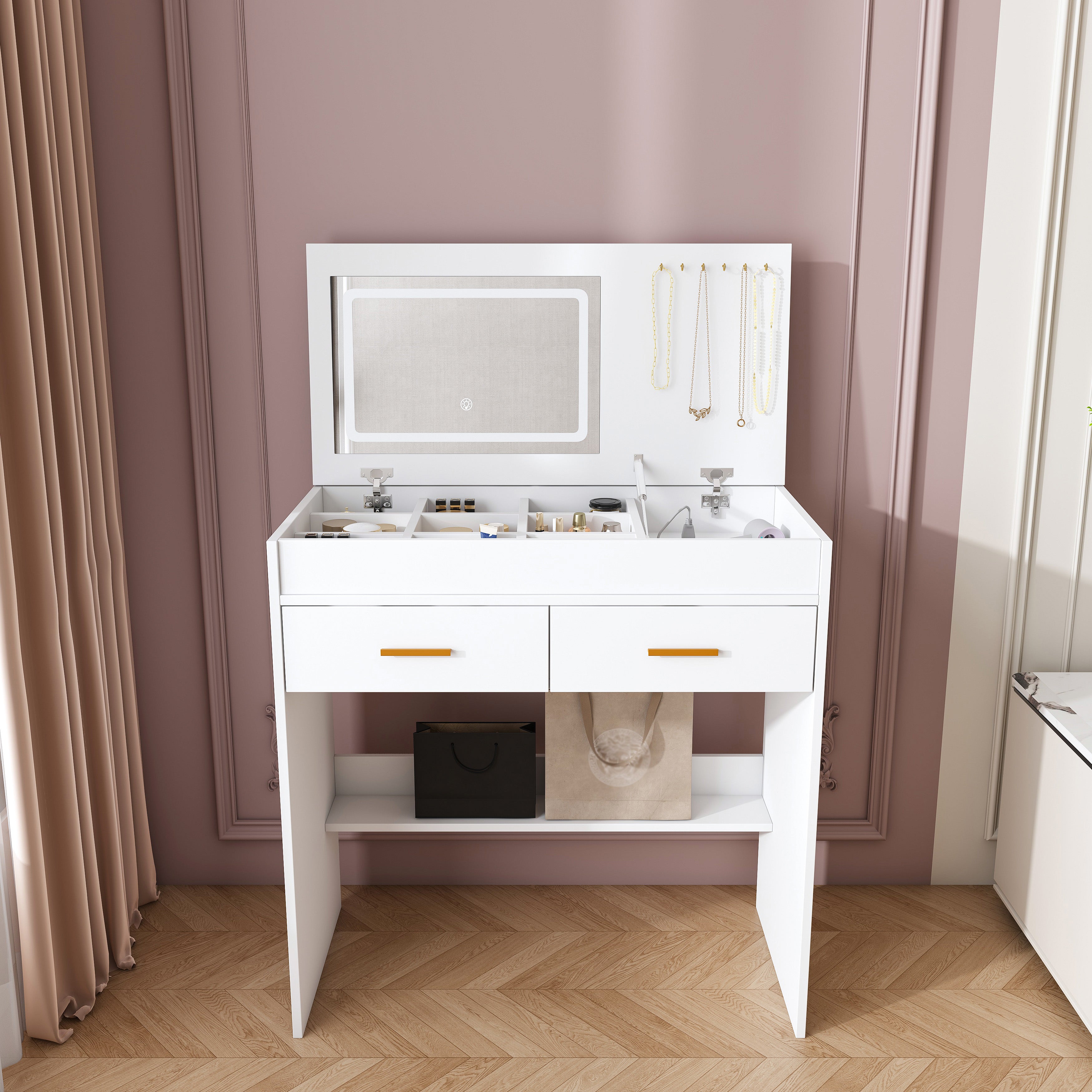 Flip Top Vanity Desk with LED Mirror & Power Outlet – Makeup Table with Storage (White)