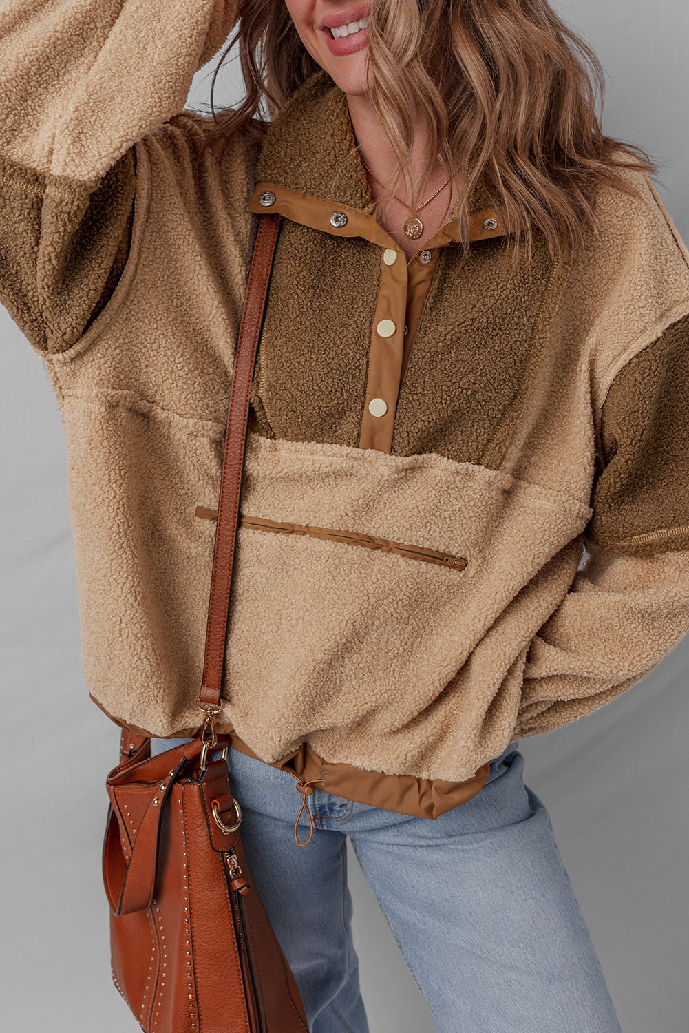 Straw Yellow 2-tone Color Block Patchwork Half Button Sherpa Sweatshirt