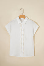 White Lace Trim Cuffed Short Sleeve Textured Shirt