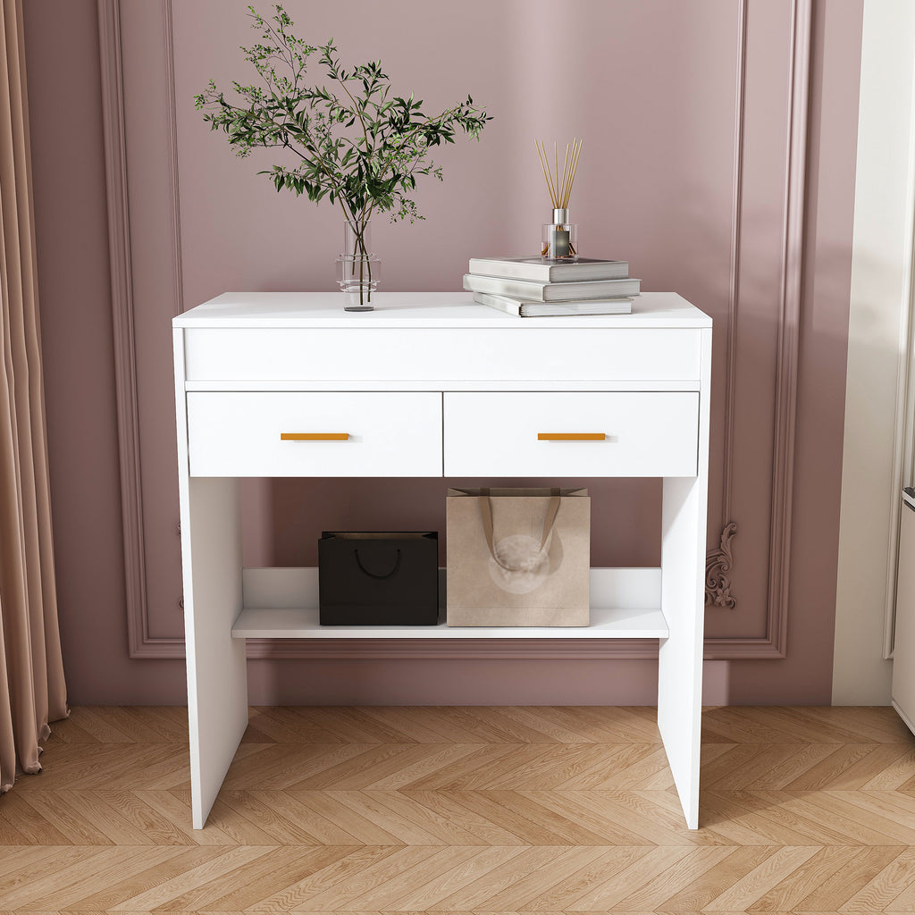 Flip Top Vanity Desk with LED Mirror & Power Outlet – Makeup Table with Storage (White)