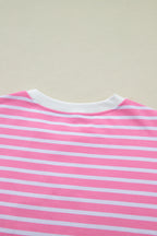 Pink Stripe Round Neck Drop Shoulder Short Sleeve Loose Top
