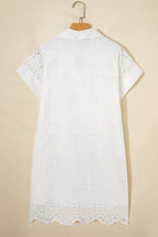 White Solid Color Eyelet Embroidered T Shirt Mini Dress