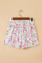 Green Camouflage Print Shirred High Waist Athleisure Shorts