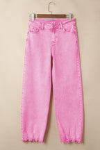 Pink Acid Wash High Waist Uneven Raw Hem Shift Jeans