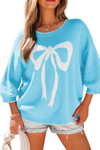 Light Blue Big Ribbon Bow Print Contrast Stitch Trim Drop Shoulder Sweater