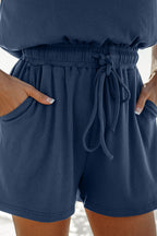Ashleigh Blue Knit Open Back Cap Sleeve Drawstring Elastic Waistband Romper