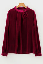 Red Dahlia Asymmetric Button Keyhole Neck Long Sleeve Velvet Blouse