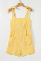 Yellow Stripe Shoulder Tie Smocked Back Wide Leg Casual Romper