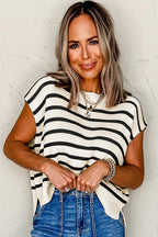 White Side Slits Crewneck Short Sleeve Sweater Tee