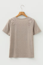 Smoke Gray Solid Color Lace Patched Detail Round Neck Tee