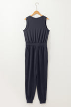 Black Casual Tank Style Tie Waist Pocketed Jogger Jumpsuit