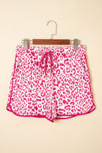 Pink Leopard Elastic Waistband Lace up Contrast Trim Casual Shorts