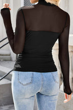 Black Sheer Mesh Patchwork High Neck Long Sleeve Top