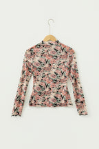Black Retro Floral Print Mock Neck Mesh Long Sleeve Top