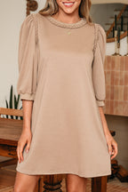 Light French Beige Braided Trim Puff Sleeve Dress