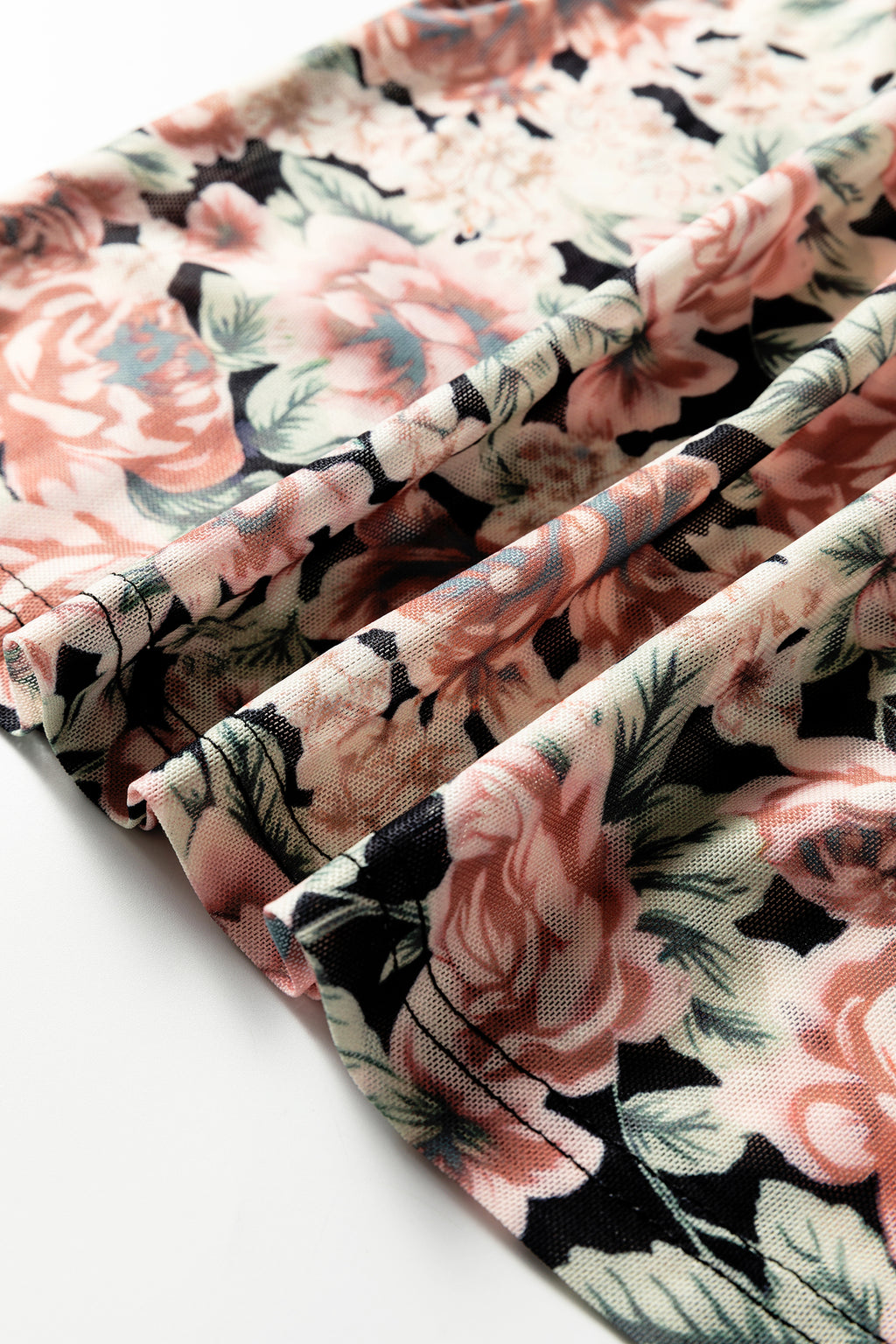 Black Retro Floral Print Mock Neck Mesh Long Sleeve Top