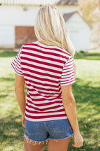 Red Stripe Patchwork Round Neck T Shirt
