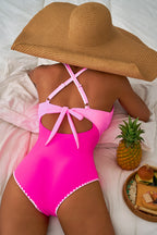 Rose Red Ric Rac Trim Contrasted Patchwork Cutout One Piece Swimsuit
